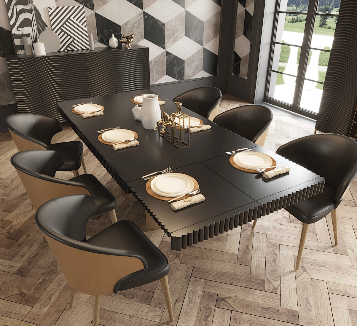 Extendable Rectangular Wood and Leather Modern Table with Chairs - Click Image to Close