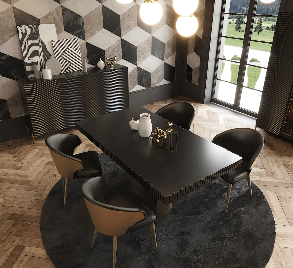 Extendable Rectangular Wood and Leather Modern Table with Chairs - Click Image to Close