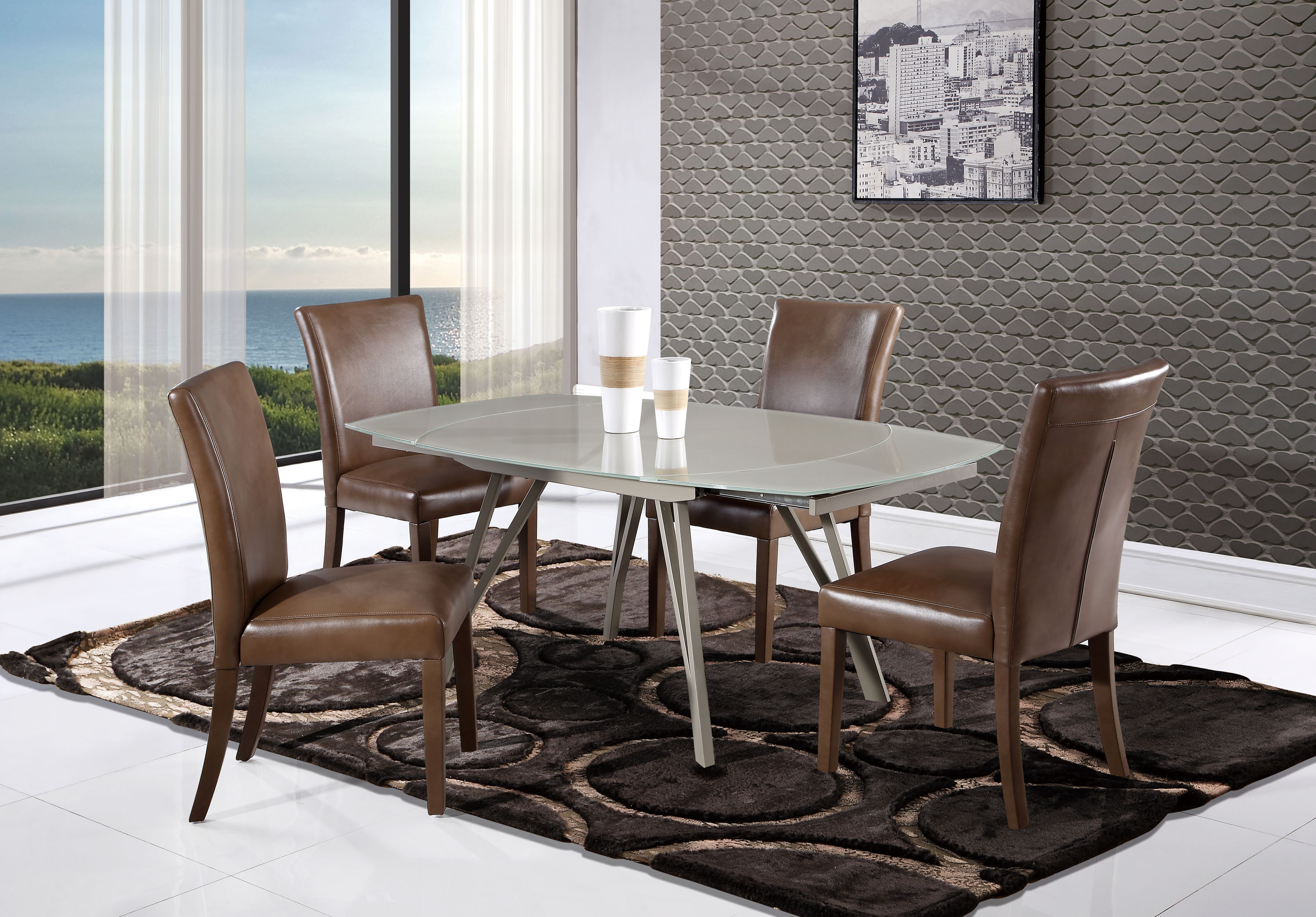 Modern Champagne Glass Swivel Extension Dining Table With Brown Side