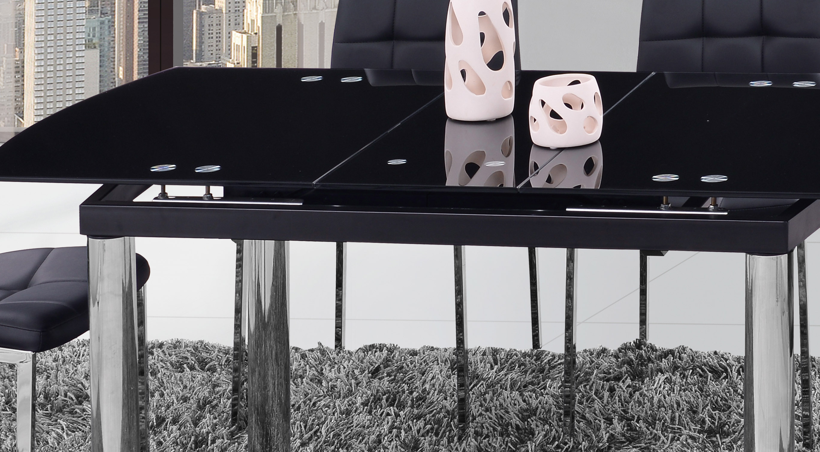 Modern Black Glass Extendable Table with Black Leatherette Chairs - Click Image to Close