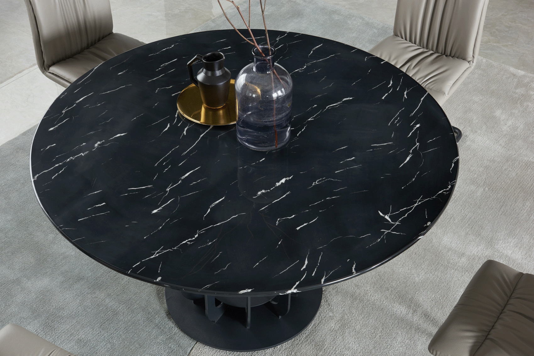 Black Round Marble Table Top with Cone Shape Steel Base - Click Image to Close