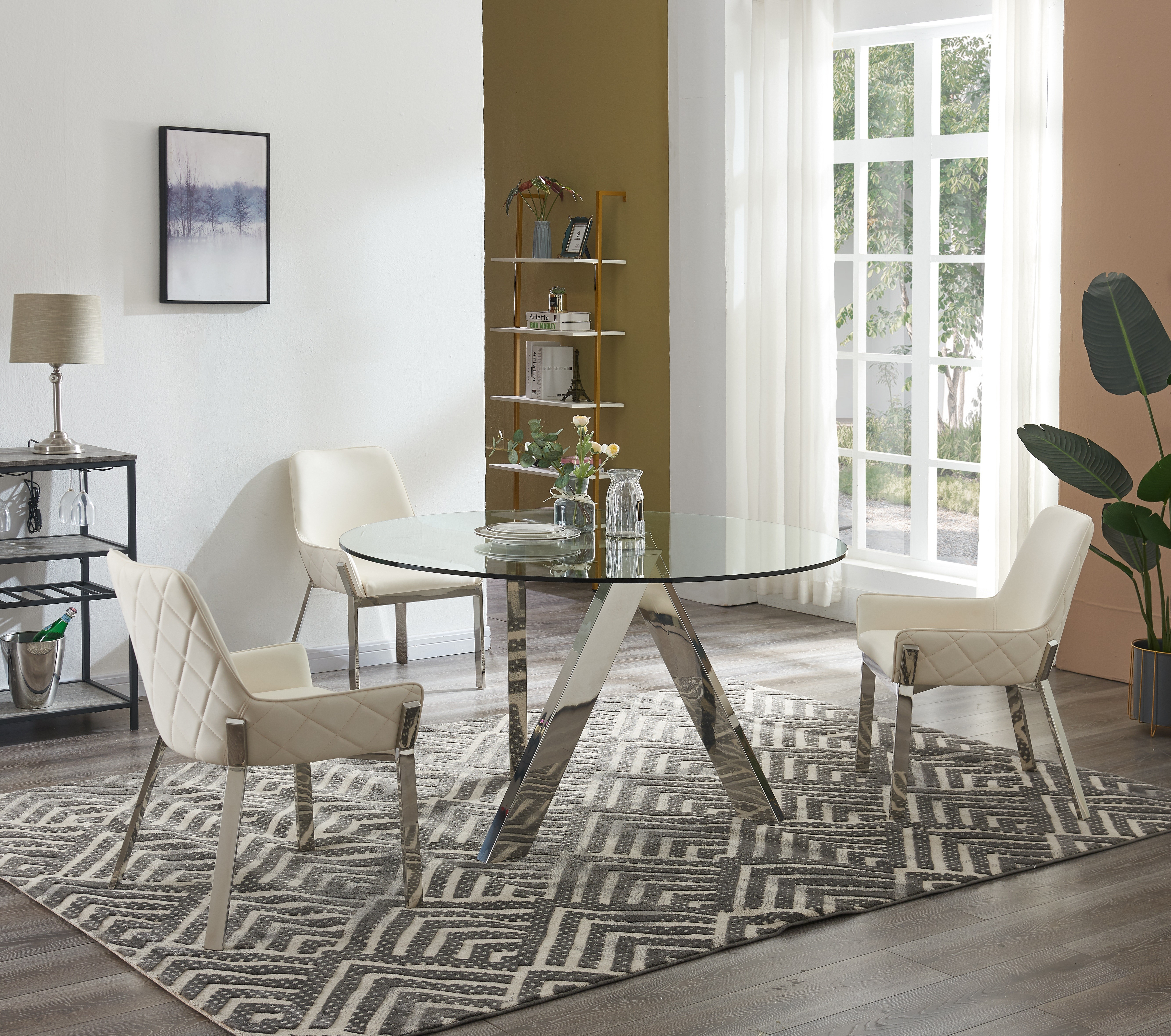 Exquisite Clear Glass Top Leather Table and Four Chairs - Click Image to Close