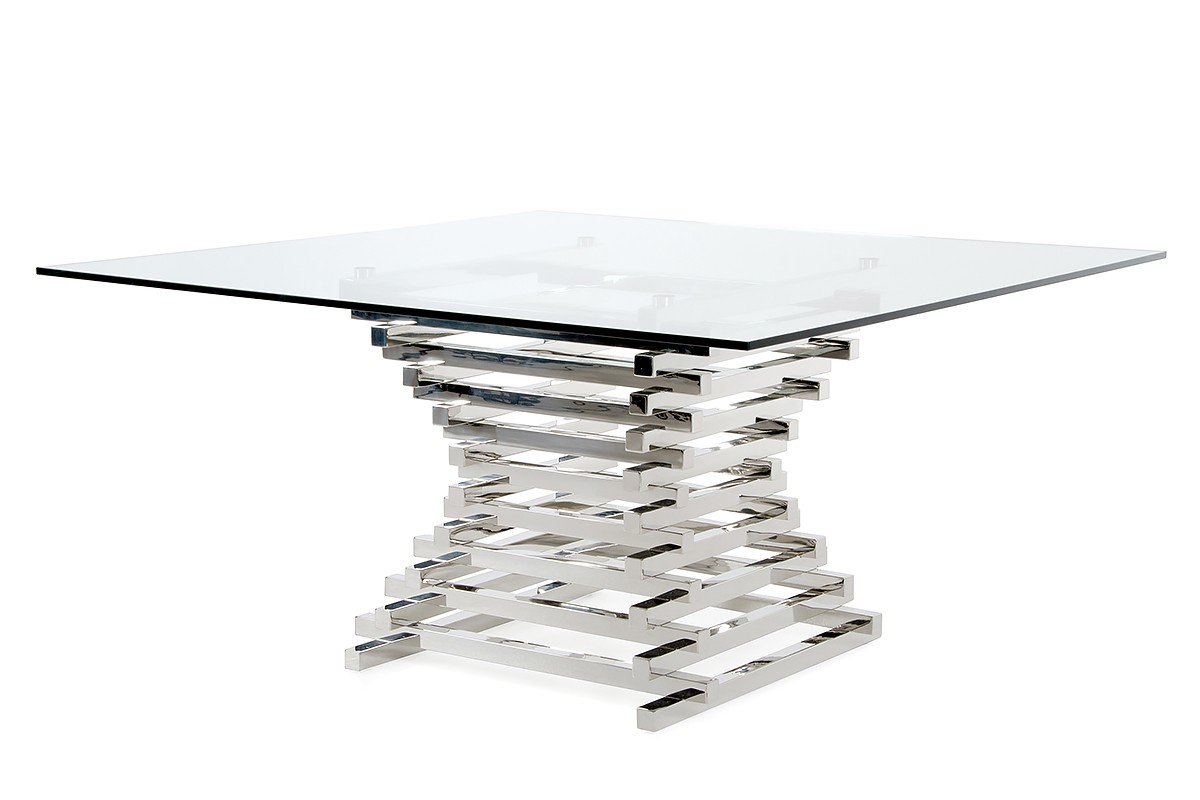 Contemporary Steel Base Square Clear Glass Dining Table - Click Image to Close