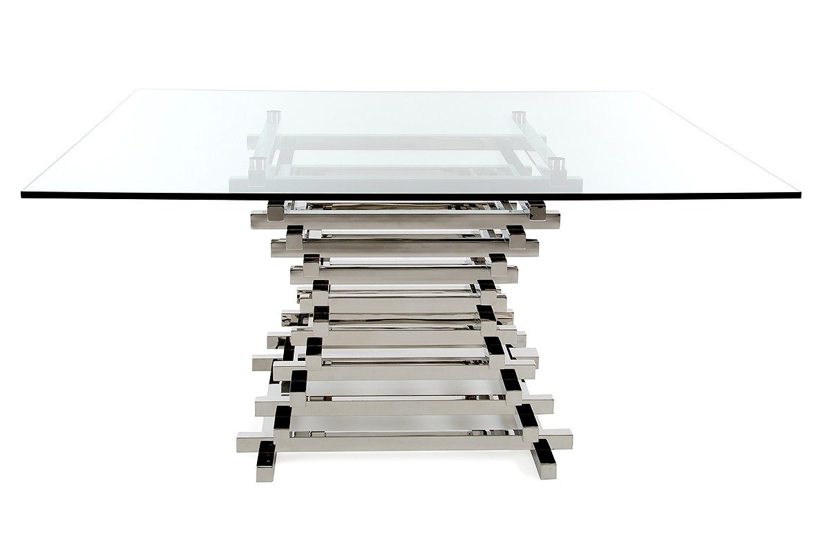 Contemporary Steel Base Square Clear Glass Dining Table - Click Image to Close