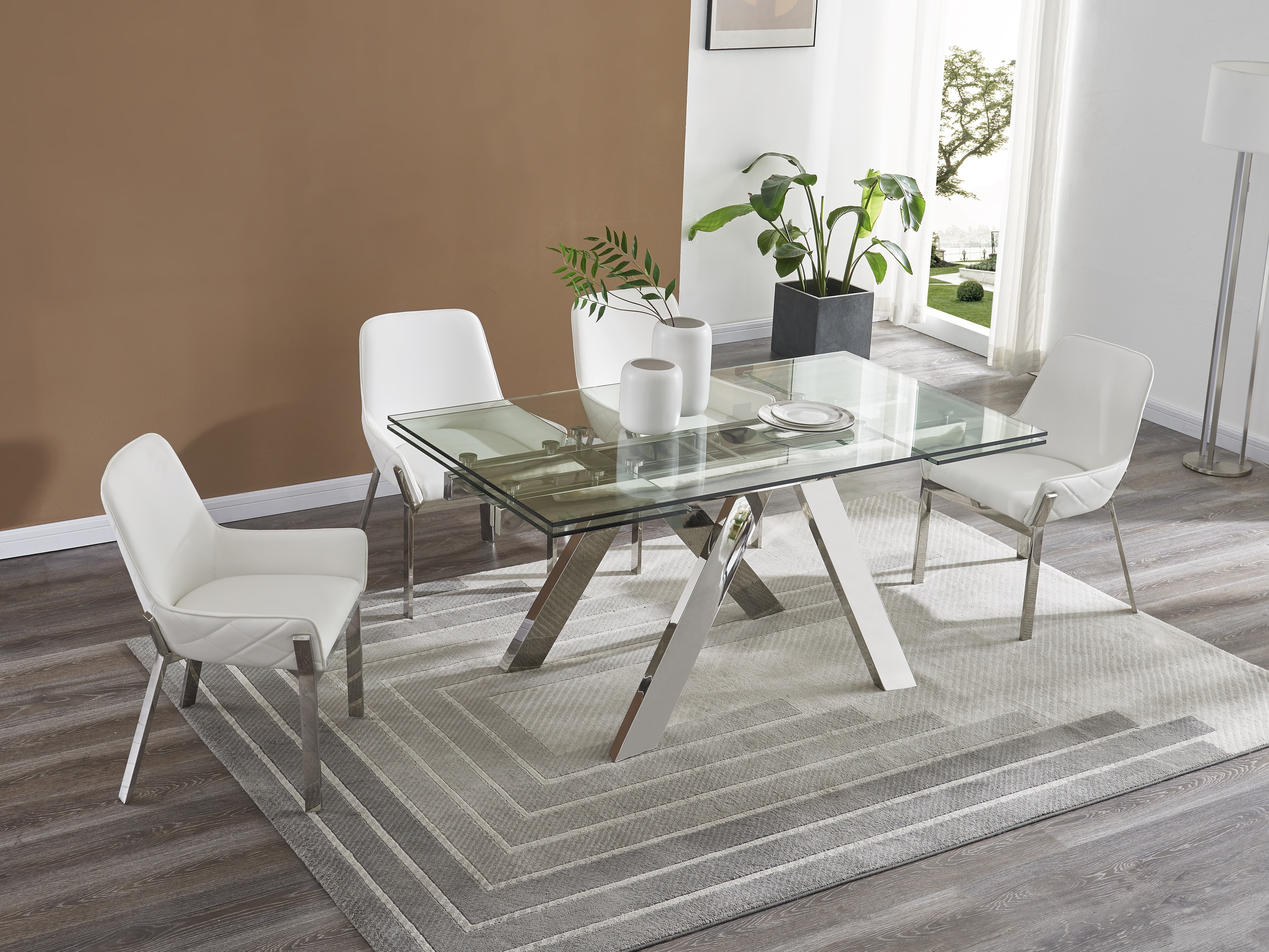 Extravagant Rectangular Glass Top Leather Modern Dining Set - Click Image to Close