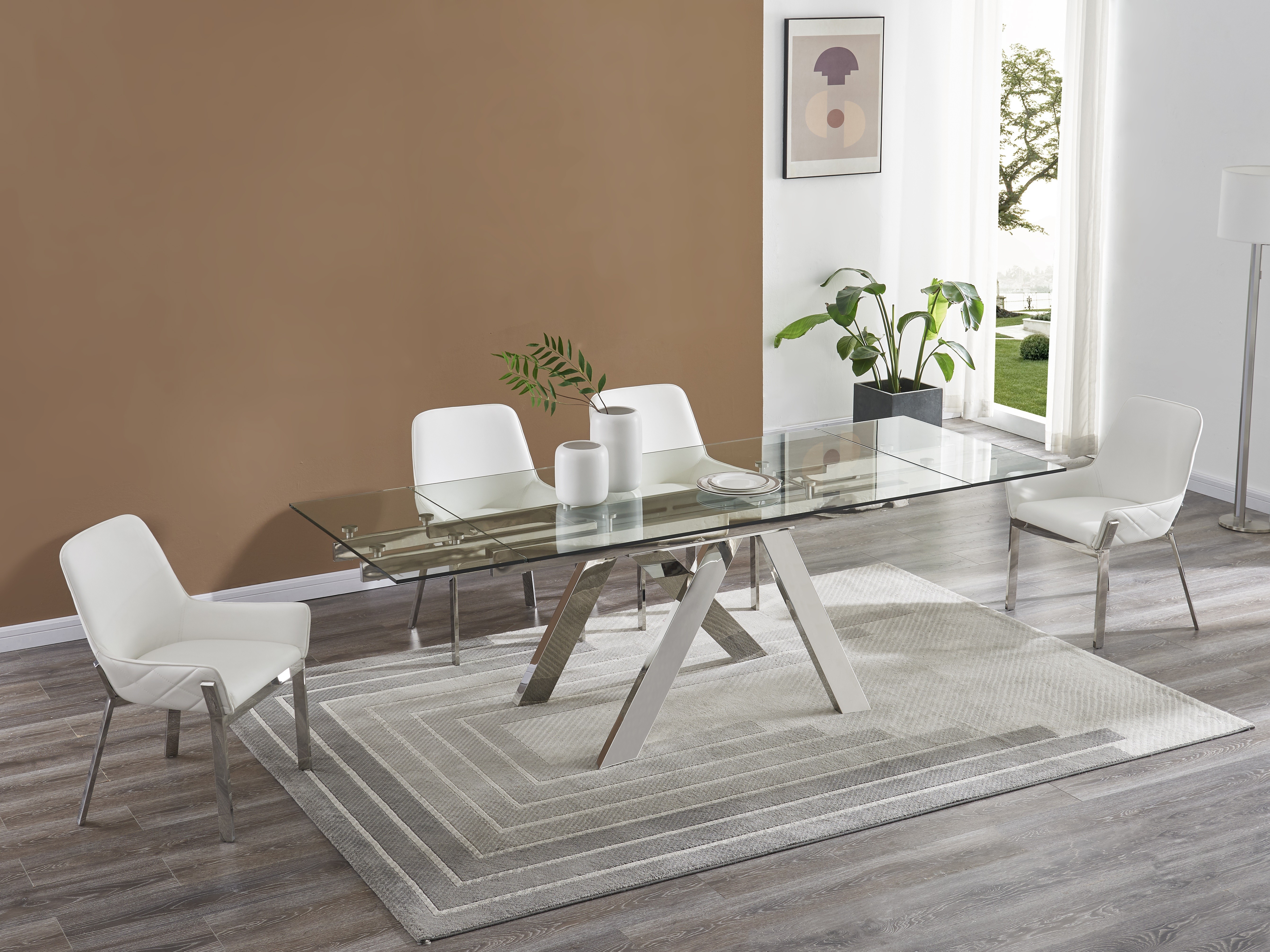 Extravagant Rectangular Glass Top Leather Modern Dining Set - Click Image to Close