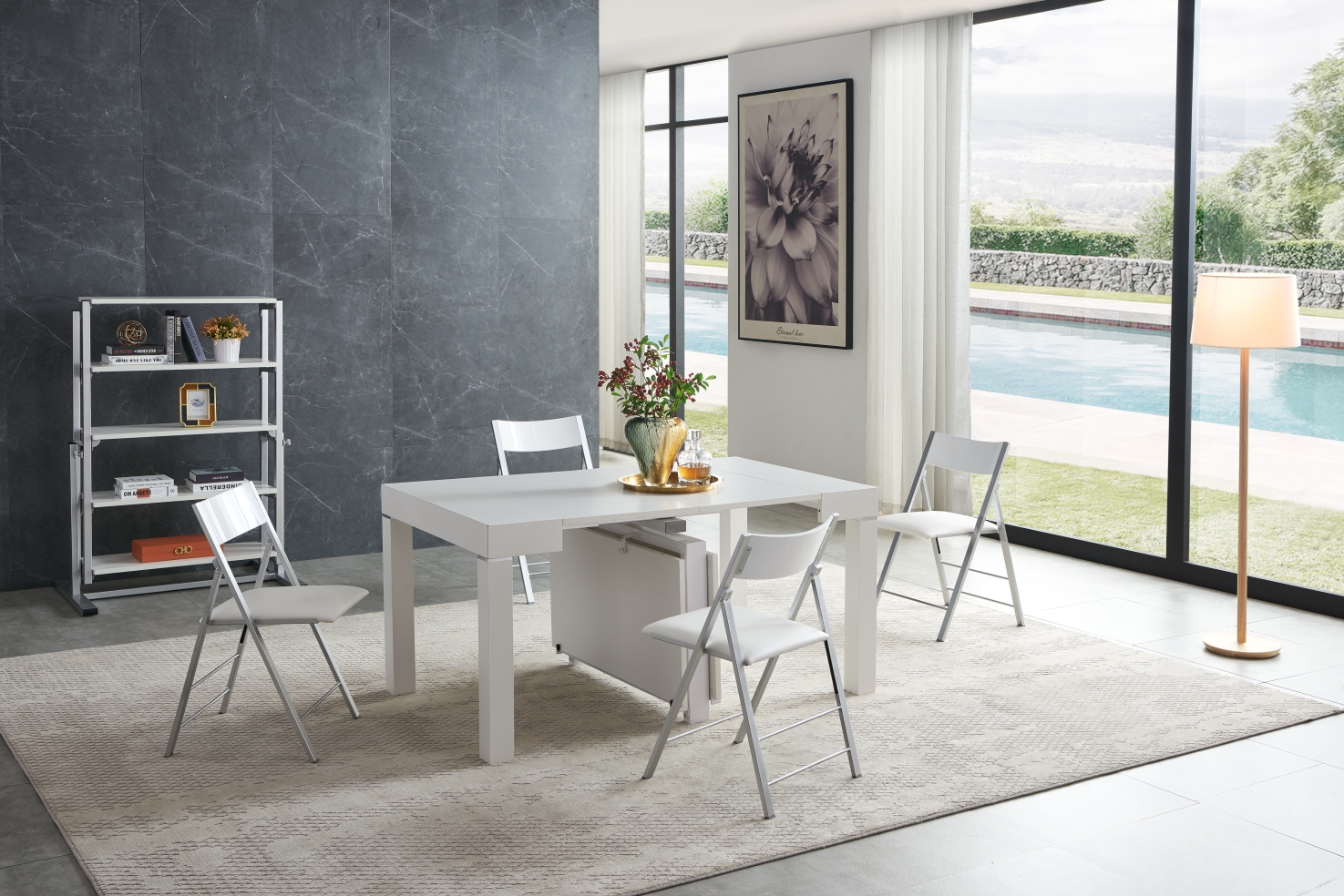 Floating Sleek White Gloss Table with Creative Leatherette Chairs - Click Image to Close