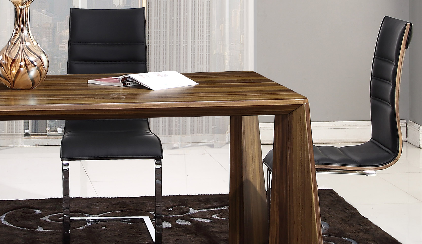 Gorgeous Walnut Finish Tapered Legs Table with Black and Chrome Side Chairs