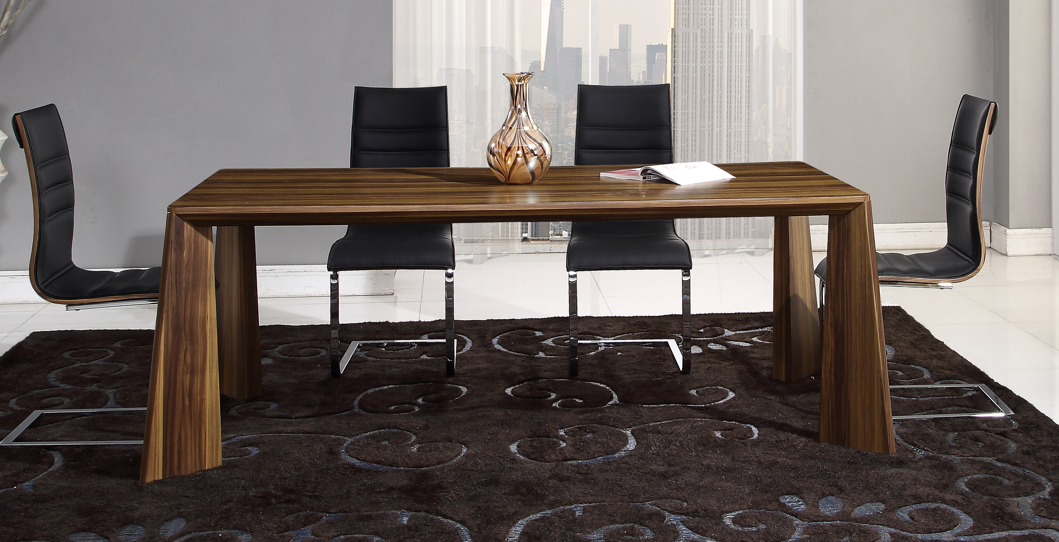 Gorgeous Walnut Finish Tapered Legs Table with Black and Chrome Side Chairs - Click Image to Close