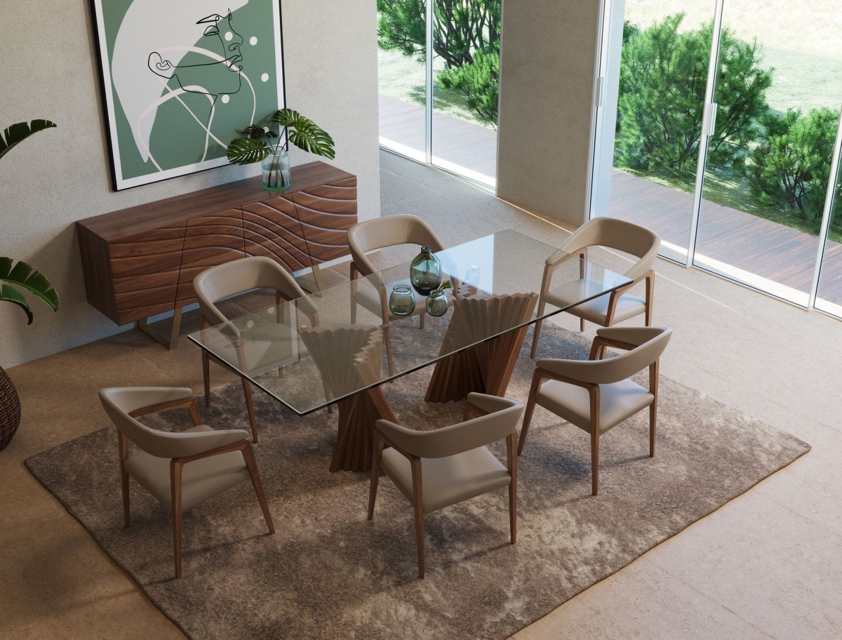 Sophisticated Walnut and Tampered Glass Dining Table - Click Image to Close