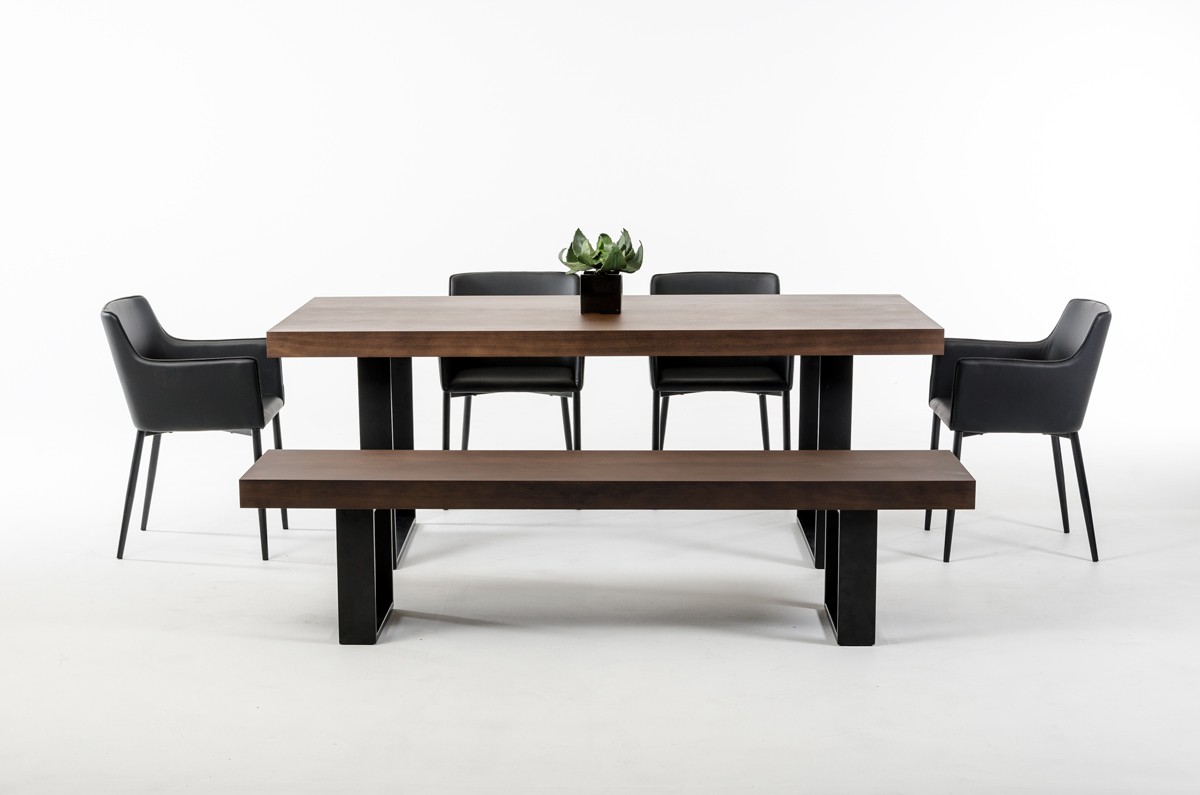 Classic Walnut Veneer and Black Metal Base Dining Table - Click Image to Close