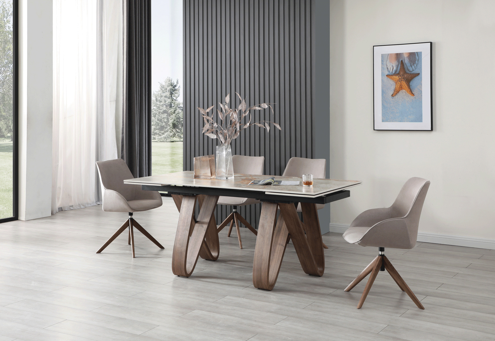 Contemporary Base Dining Table with Upholstered Matching Chairs - Click Image to Close