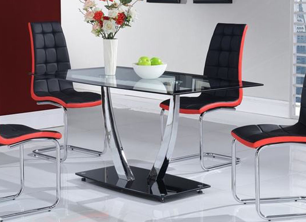 Rectangular Glass Top Table with Chrome Support and Black Base Chicago