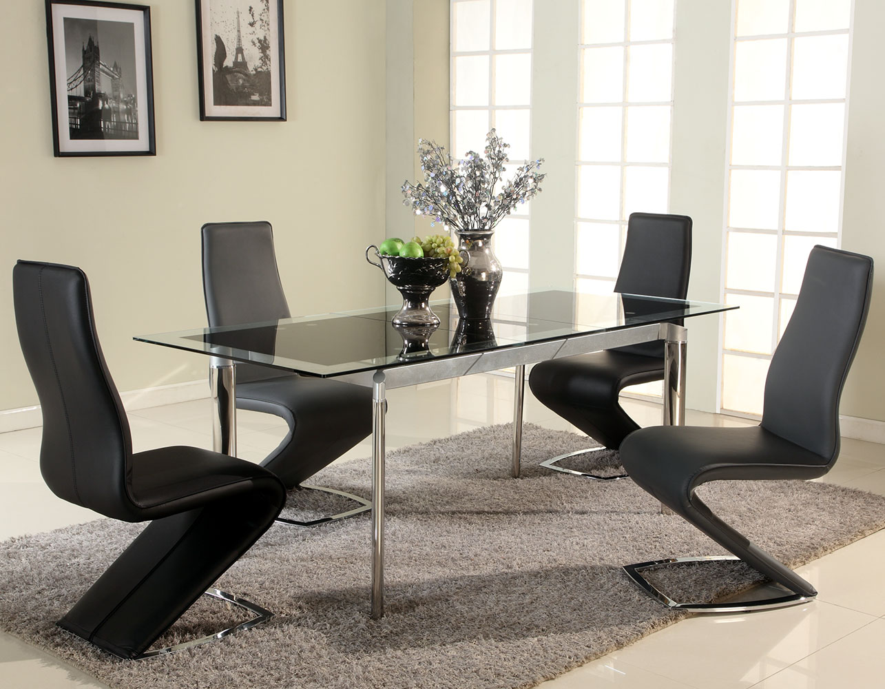 Black Glass Extendable Dining Table with Chrome Legs - Click Image to Close