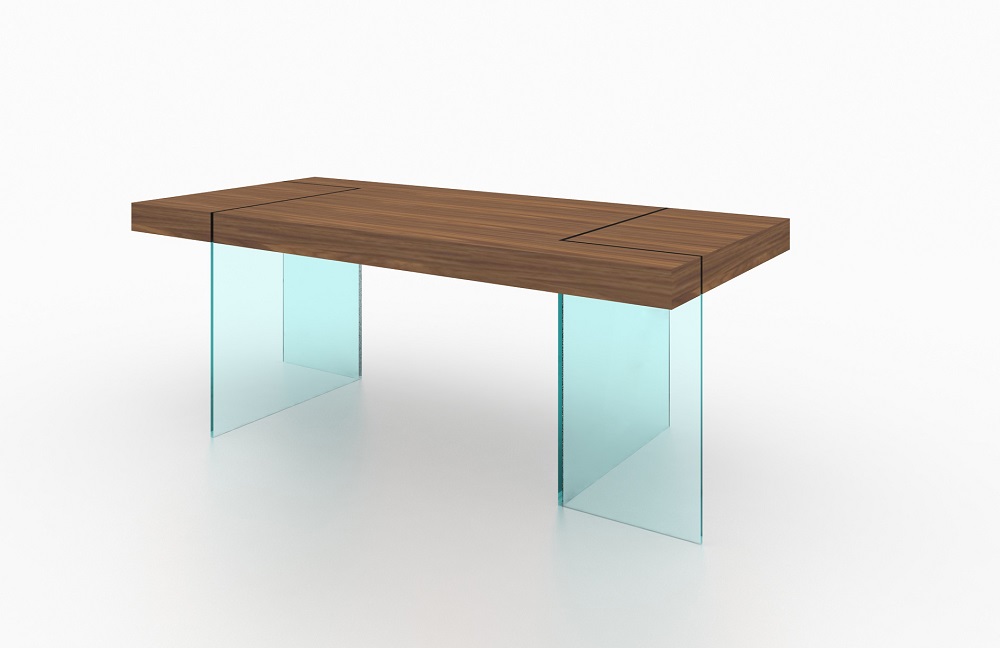 Unique Floating Walnut Dining Table with Transparent Glass Legs - Click Image to Close