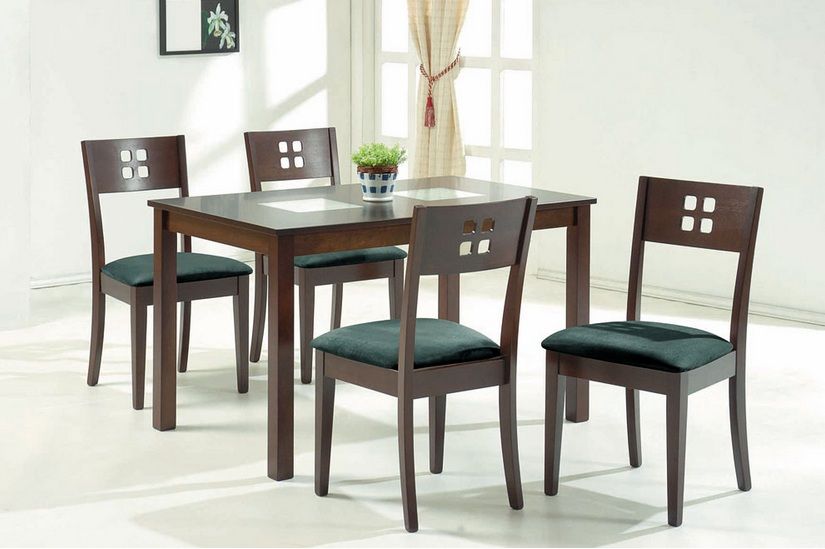 Contemporary Wooden Dining Table with Square Glass Inserts - Click Image to Close