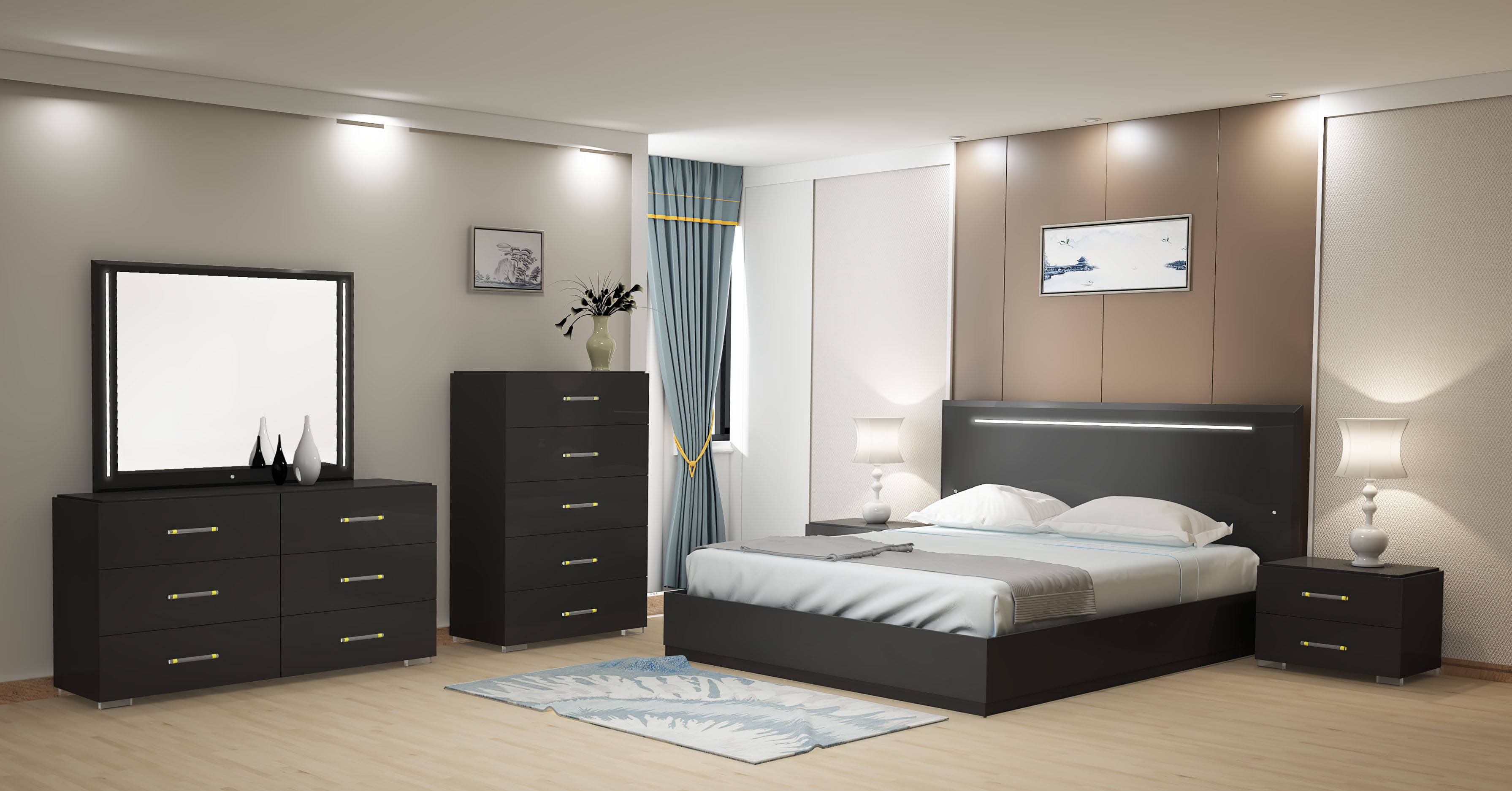 Lacquered Wood Bedroom Contemporary Design feat Light - Click Image to Close