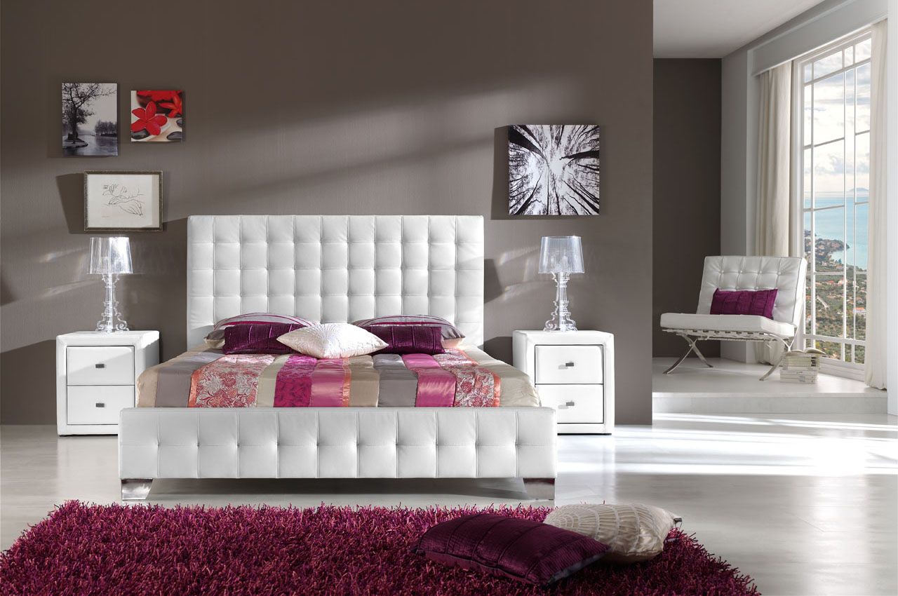 Made In Spain Leather Designer Bedroom, White Leather Bed High Headboard