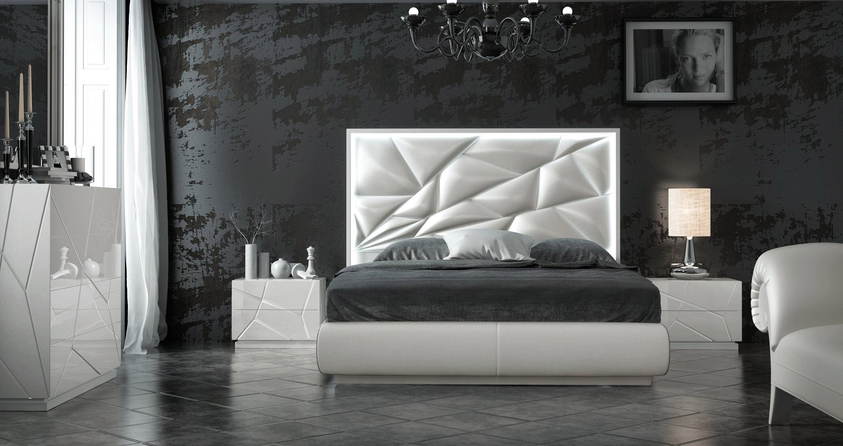 Made in Spain Leather Platform Bedroom Set with Upholstered Headboard - Click Image to Close