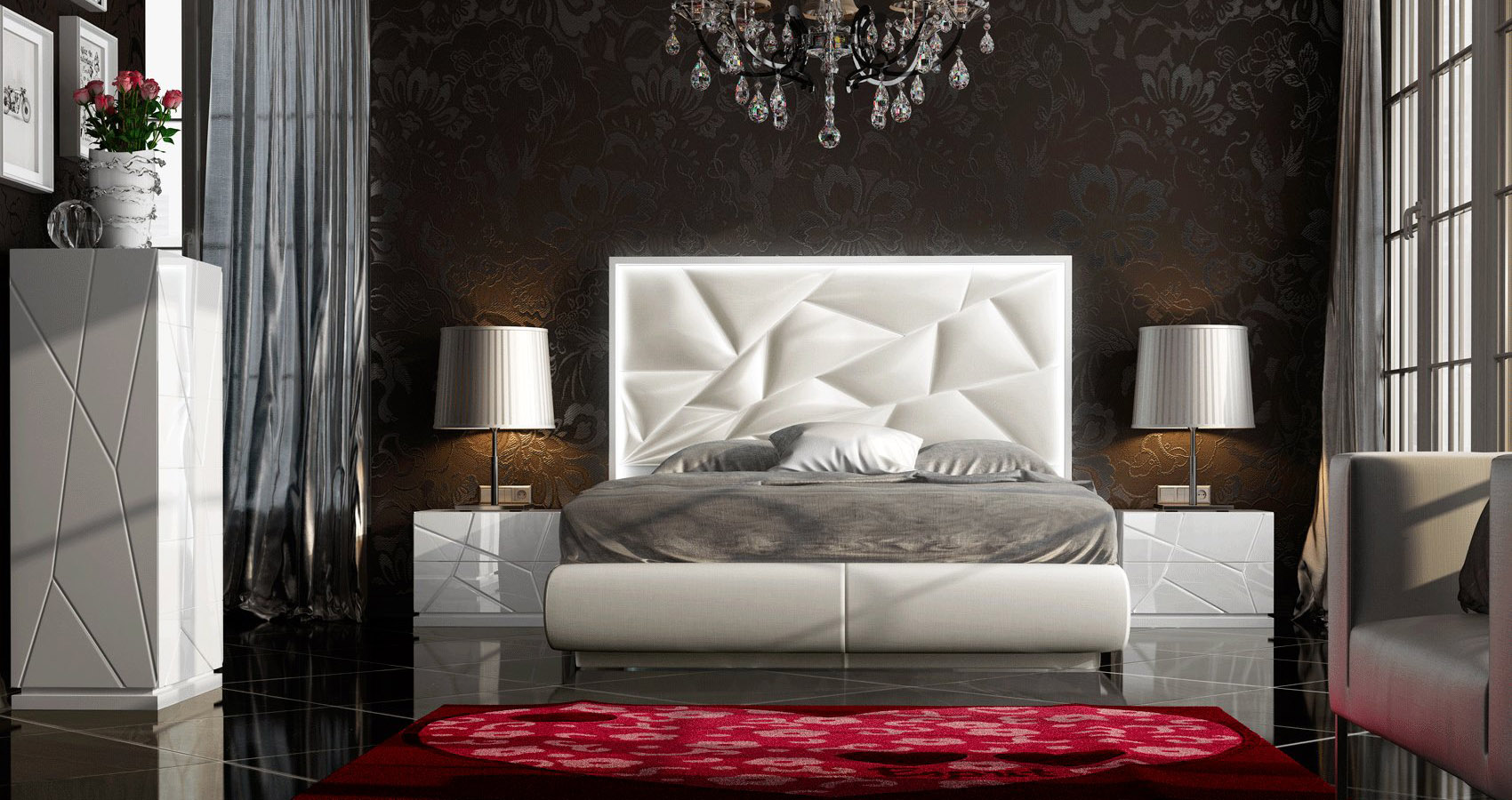 Made in Spain Leather Platform Bedroom Set with Upholstered Headboard - Click Image to Close