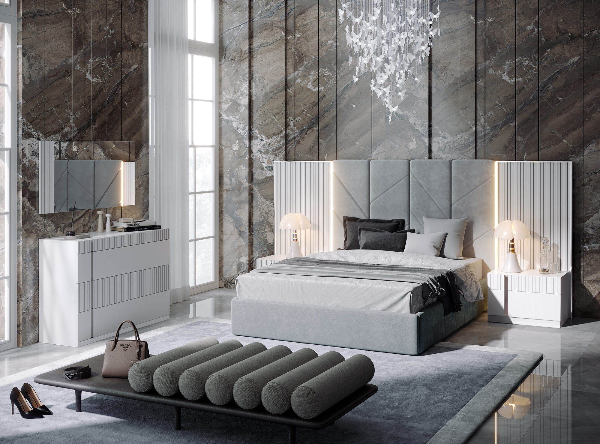 Glamorous Grey Zebra Wood LED Bedroom Set - Click Image to Close