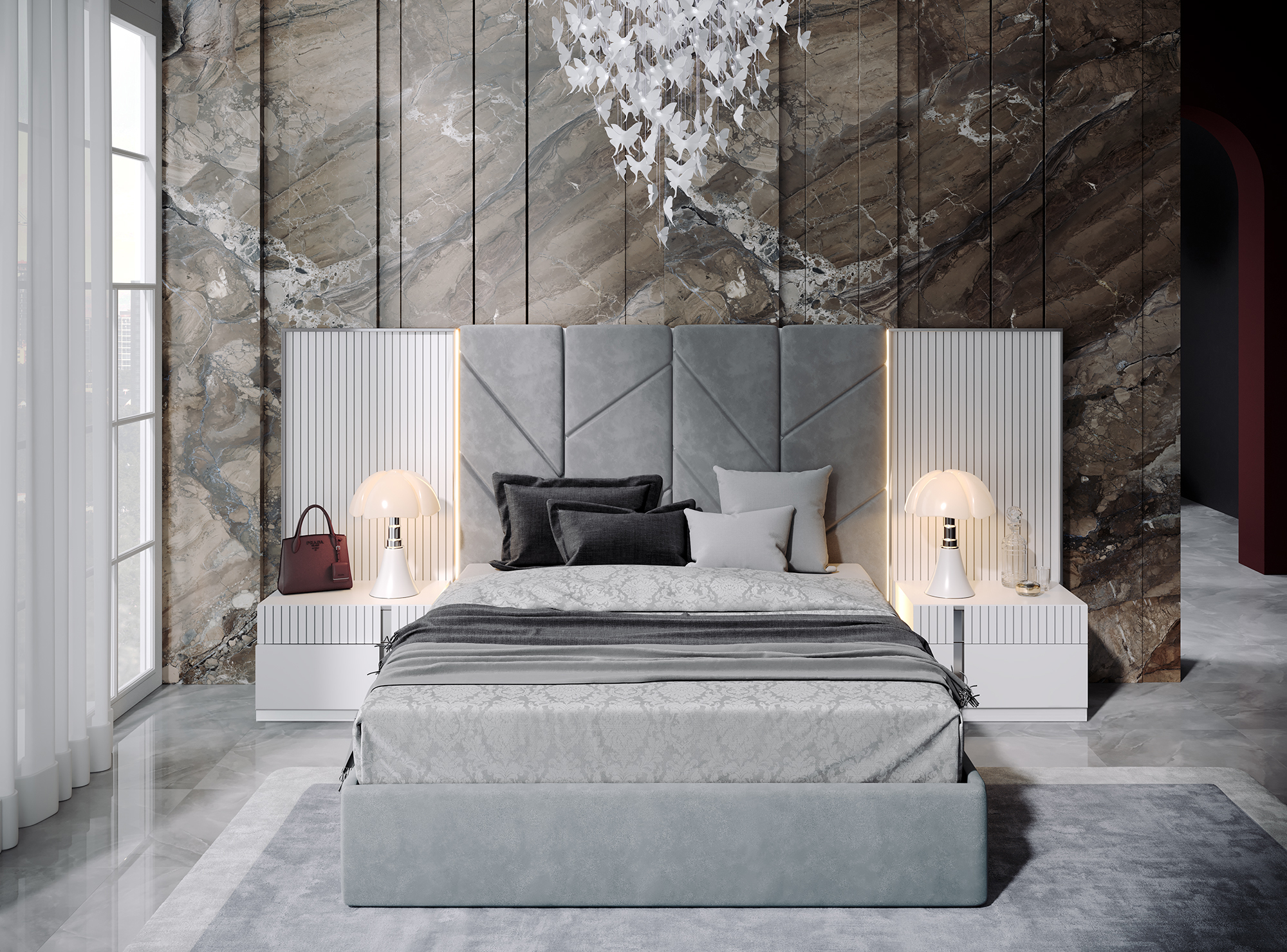 Glamorous Grey Zebra Wood LED Bedroom Set - Click Image to Close