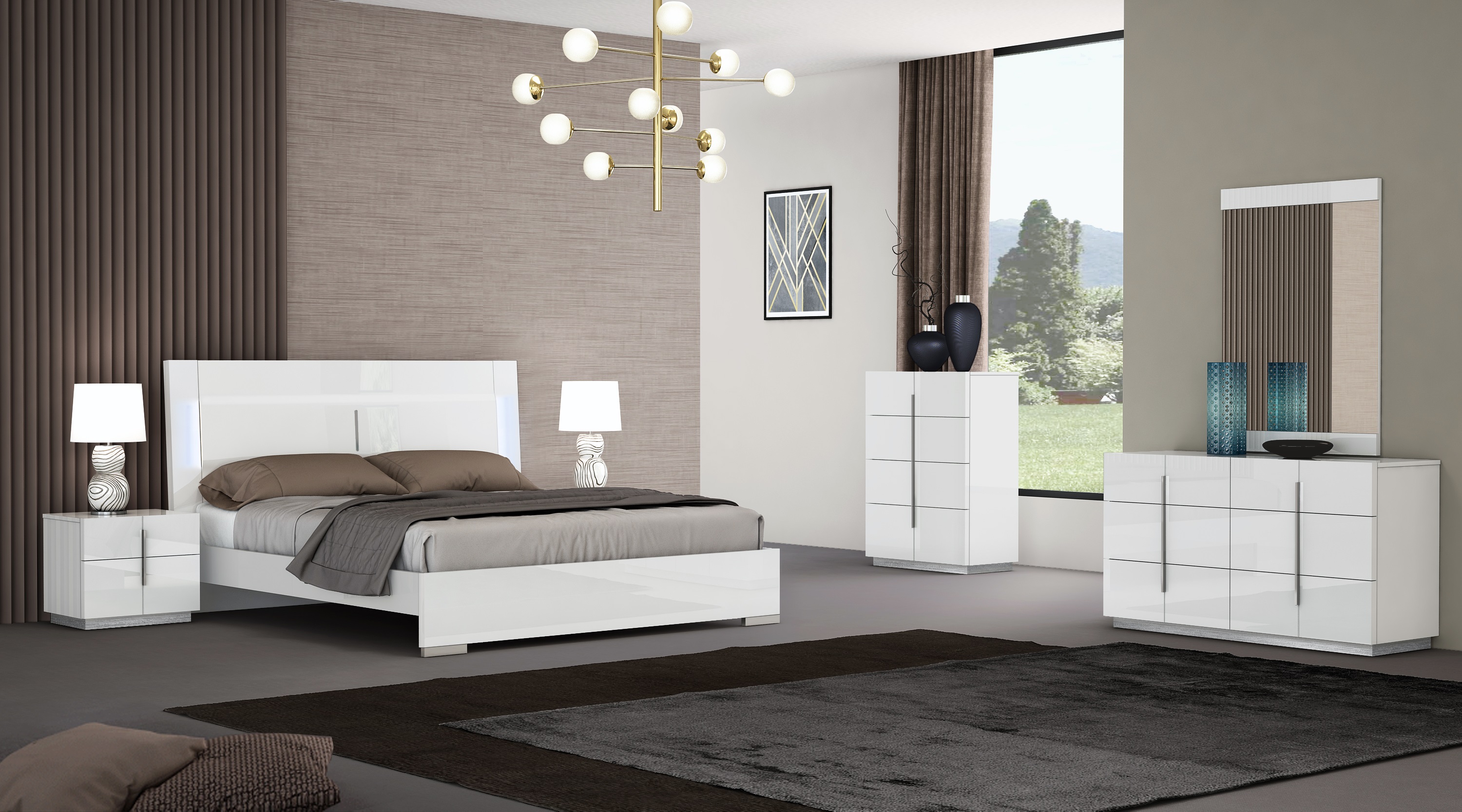 white glossy bedroom with dresser and nightstands led light j oslo