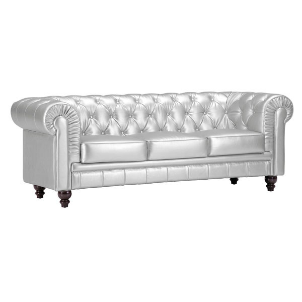 Silver Leather Tufted Sofa With Dark Brown Wooden Legs Prime Clic Modern Sofas Living Room Furniture Silver Leather Tufted