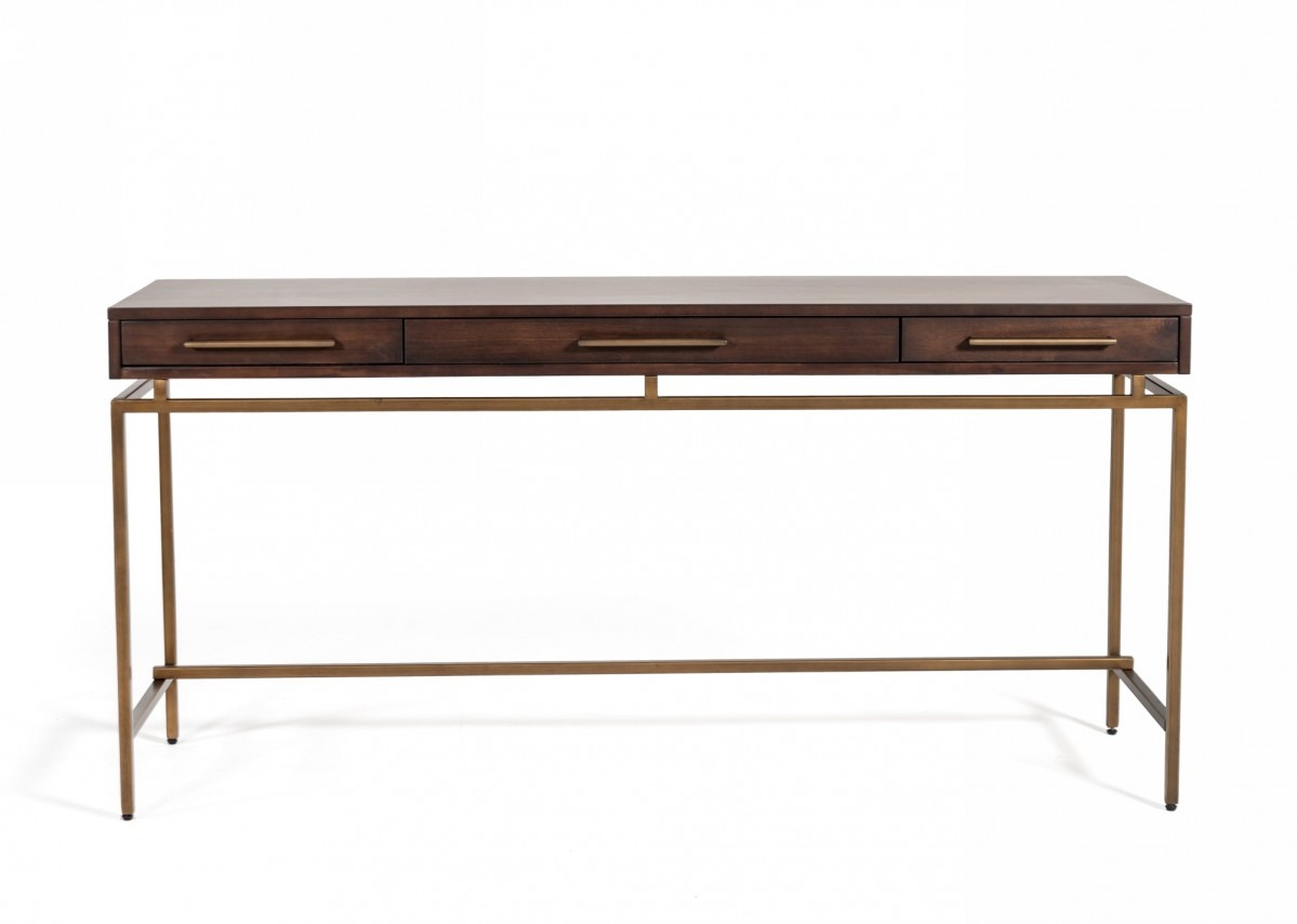 Contemporary Acacia and Brass Desk - Click Image to Close