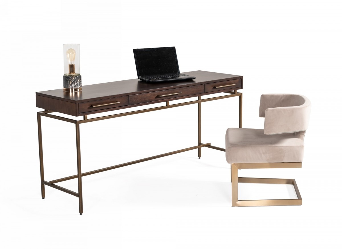 Contemporary Acacia and Brass Desk