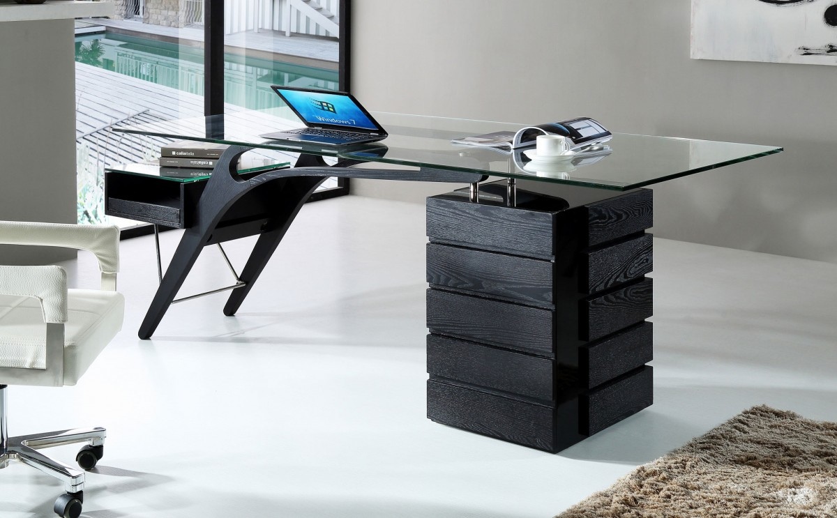 Contemporary Black Ash Desk with Glass Top