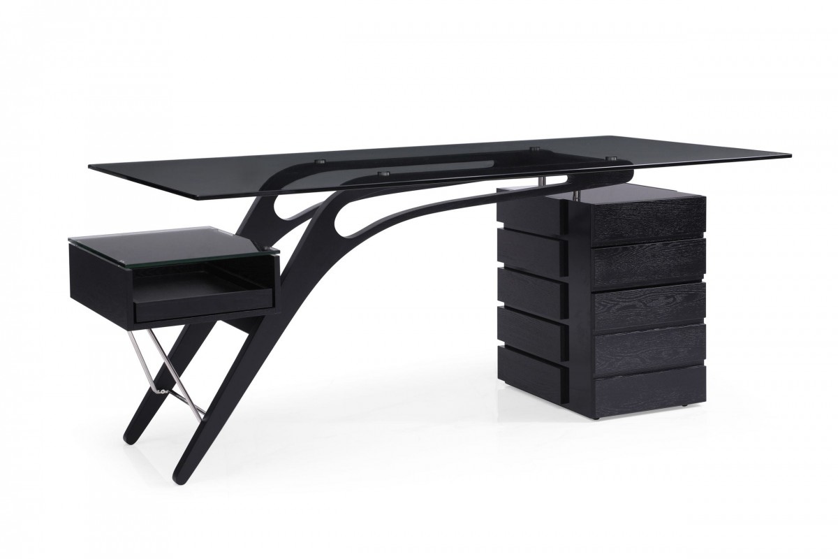 Contemporary Black Ash Desk with Glass Top - Click Image to Close