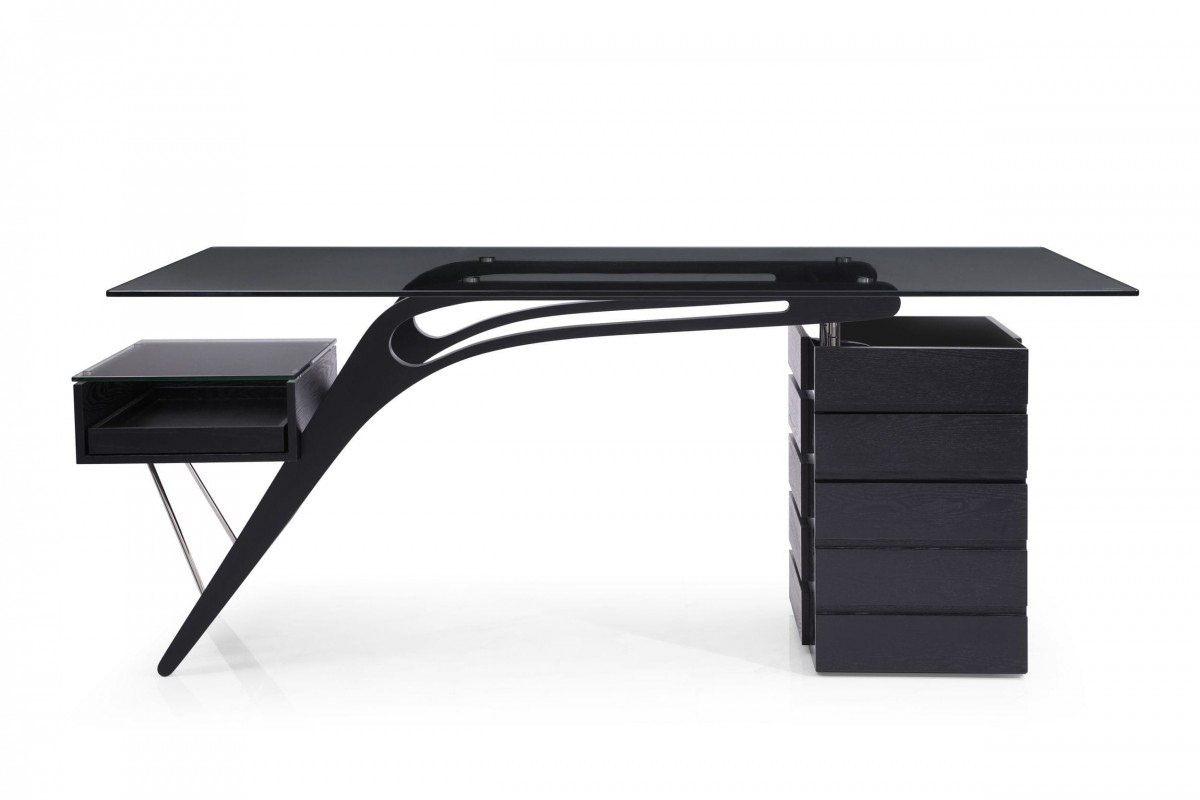 Contemporary Black Ash Desk with Glass Top - Click Image to Close