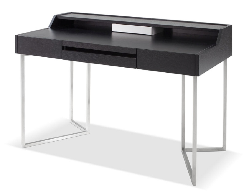 Dark Oak Contemporary Office Desk With Chrome Legs And Storage