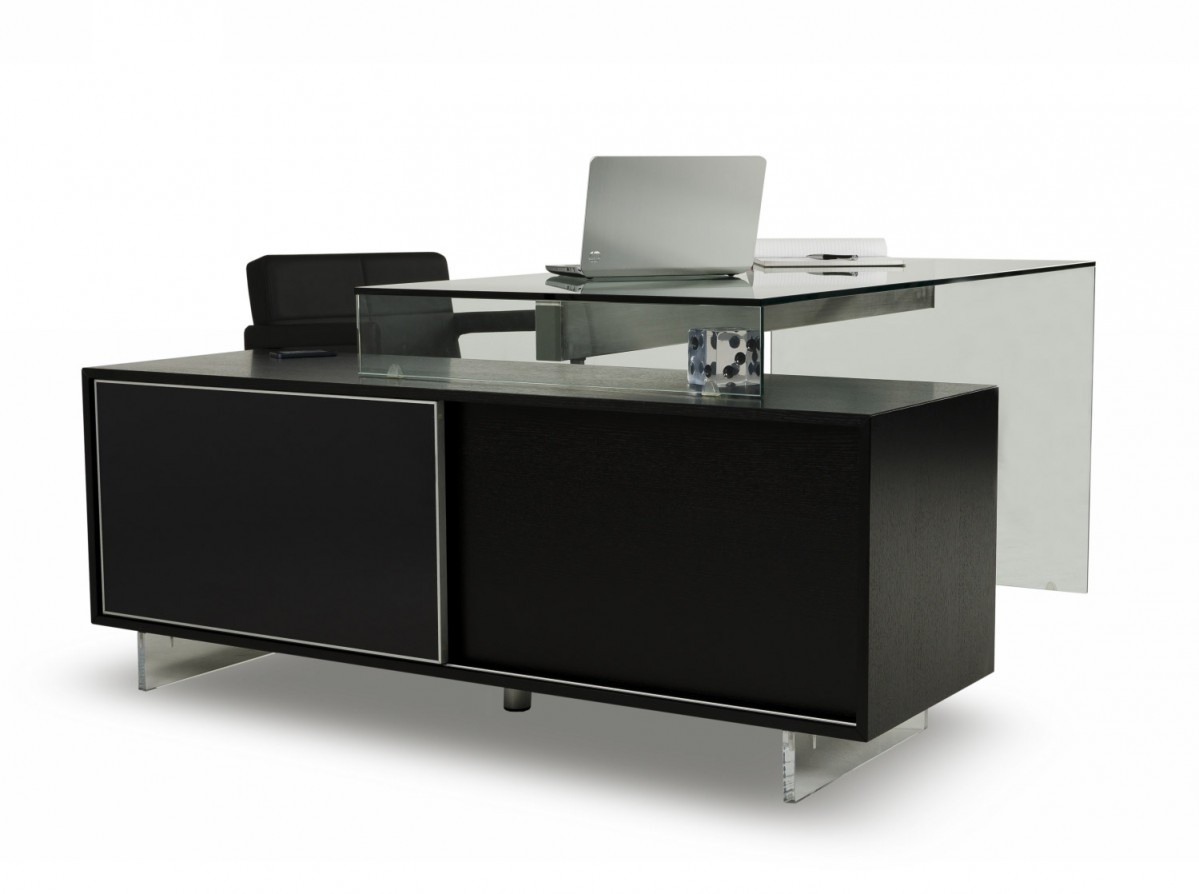 Elegant Black Oak Desk with Tinted Glass Top and Side - Click Image to Close