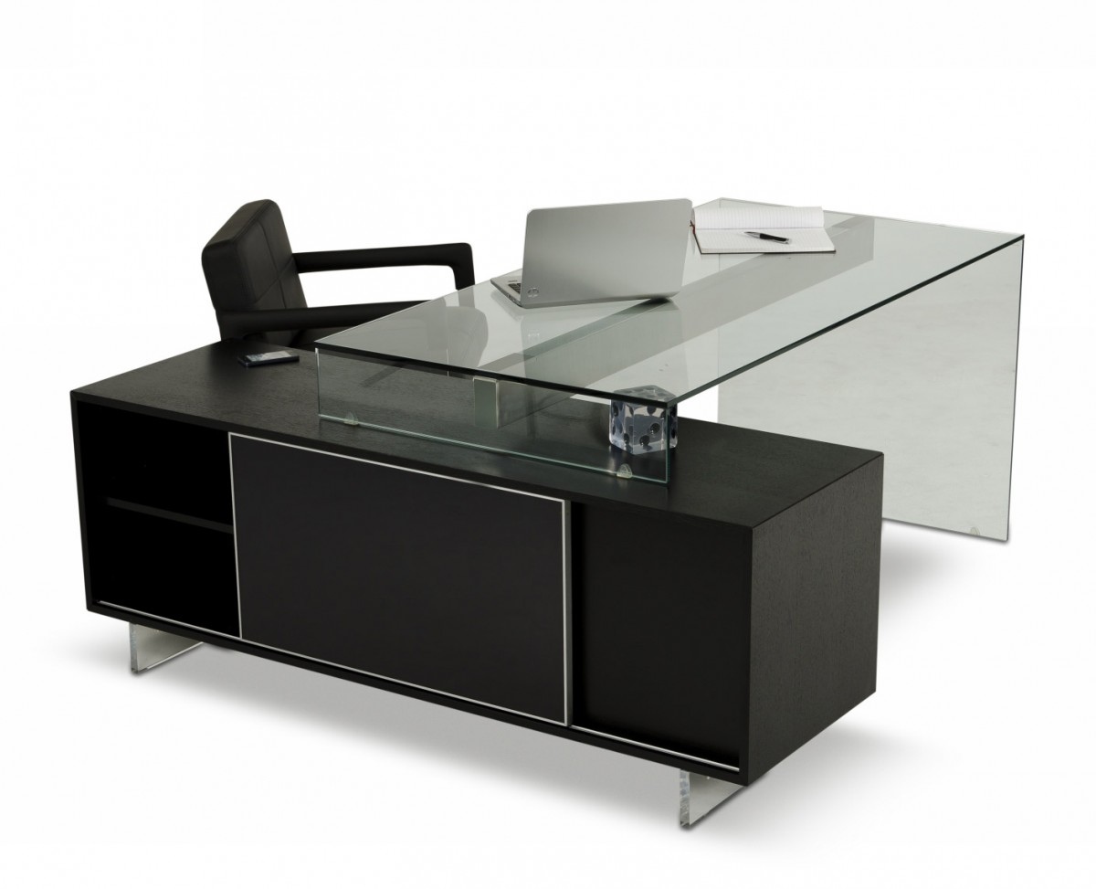 Elegant Black Oak Desk with Tinted Glass Top and Side - Click Image to Close