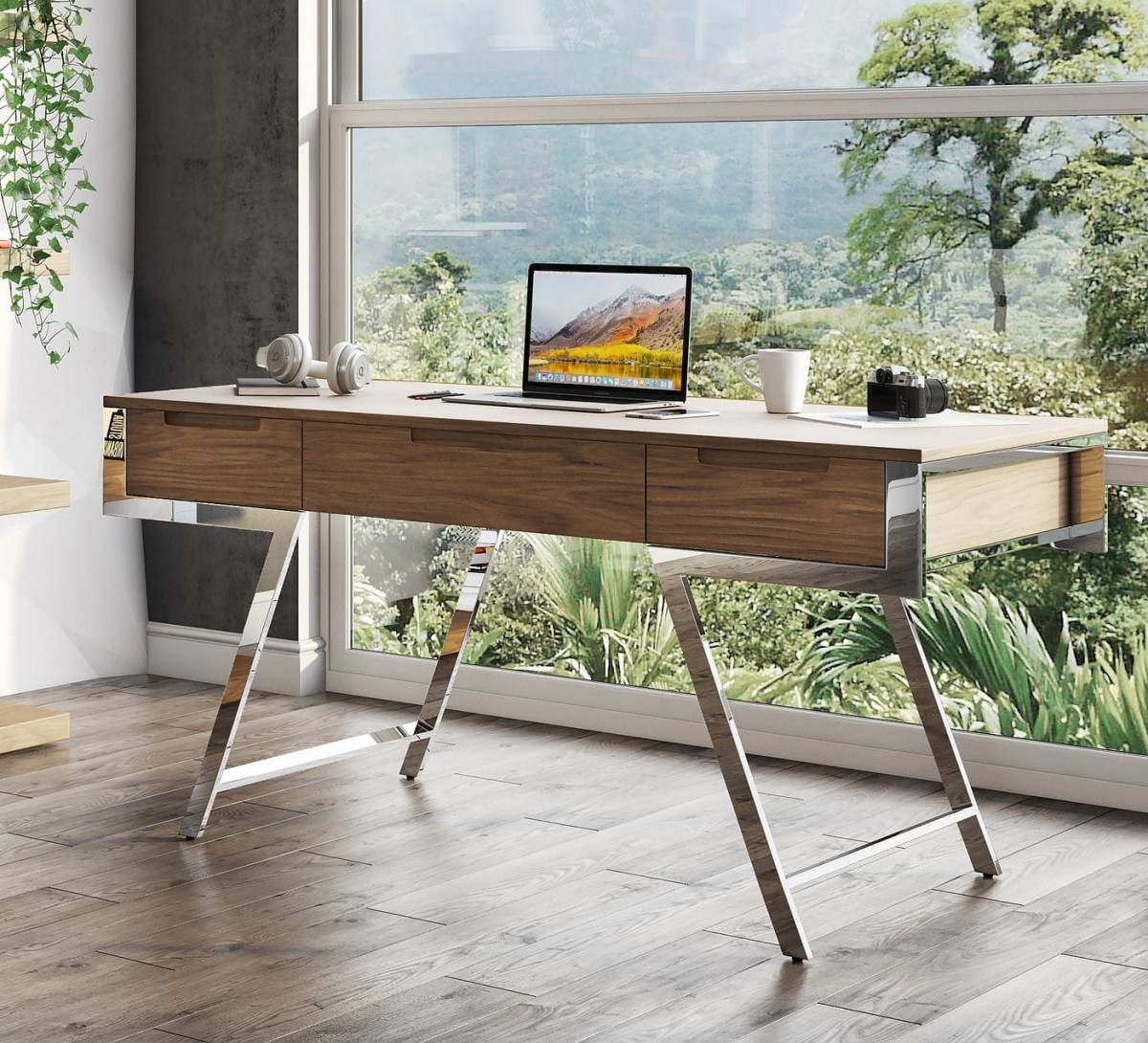 Elegant Walnut Desk with Metal Legs - Click Image to Close