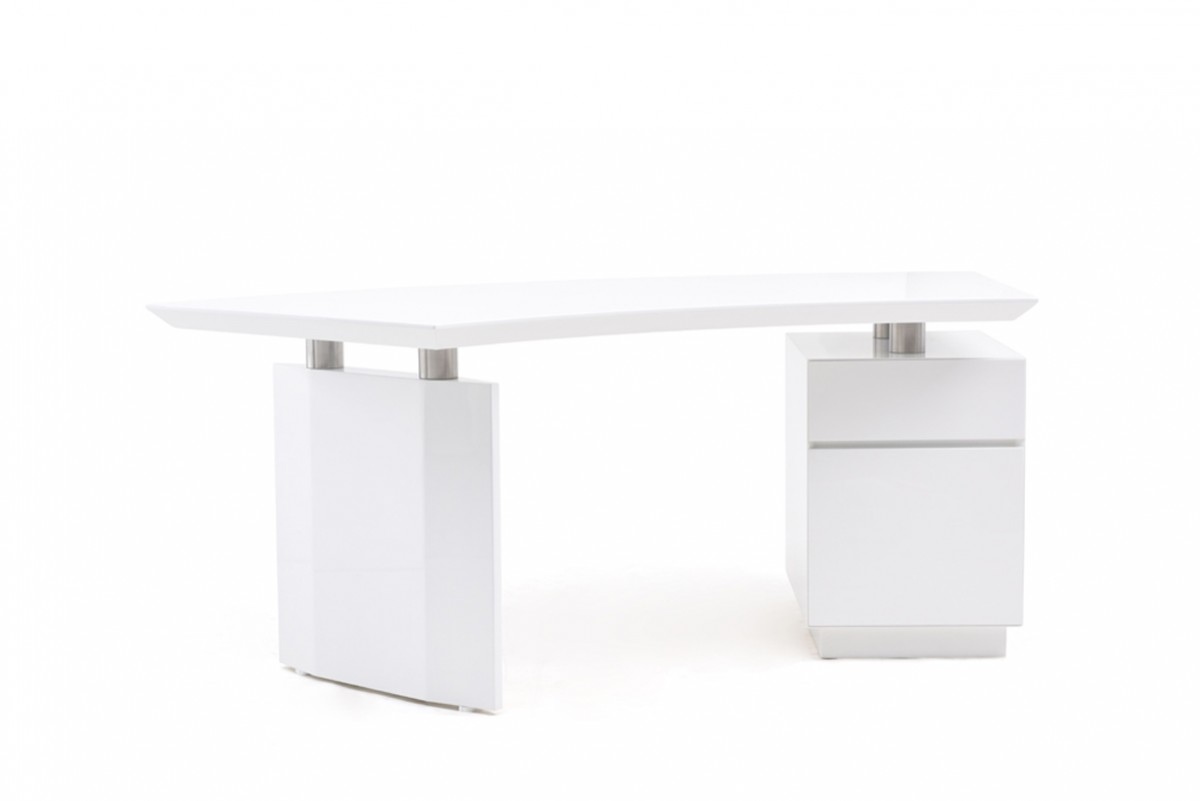 Elegant White Gloss Finish Desk with Stainless Steel Accents - Click Image to Close