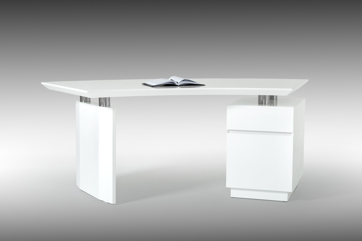 Elegant White Gloss Finish Desk with Stainless Steel Accents - Click Image to Close