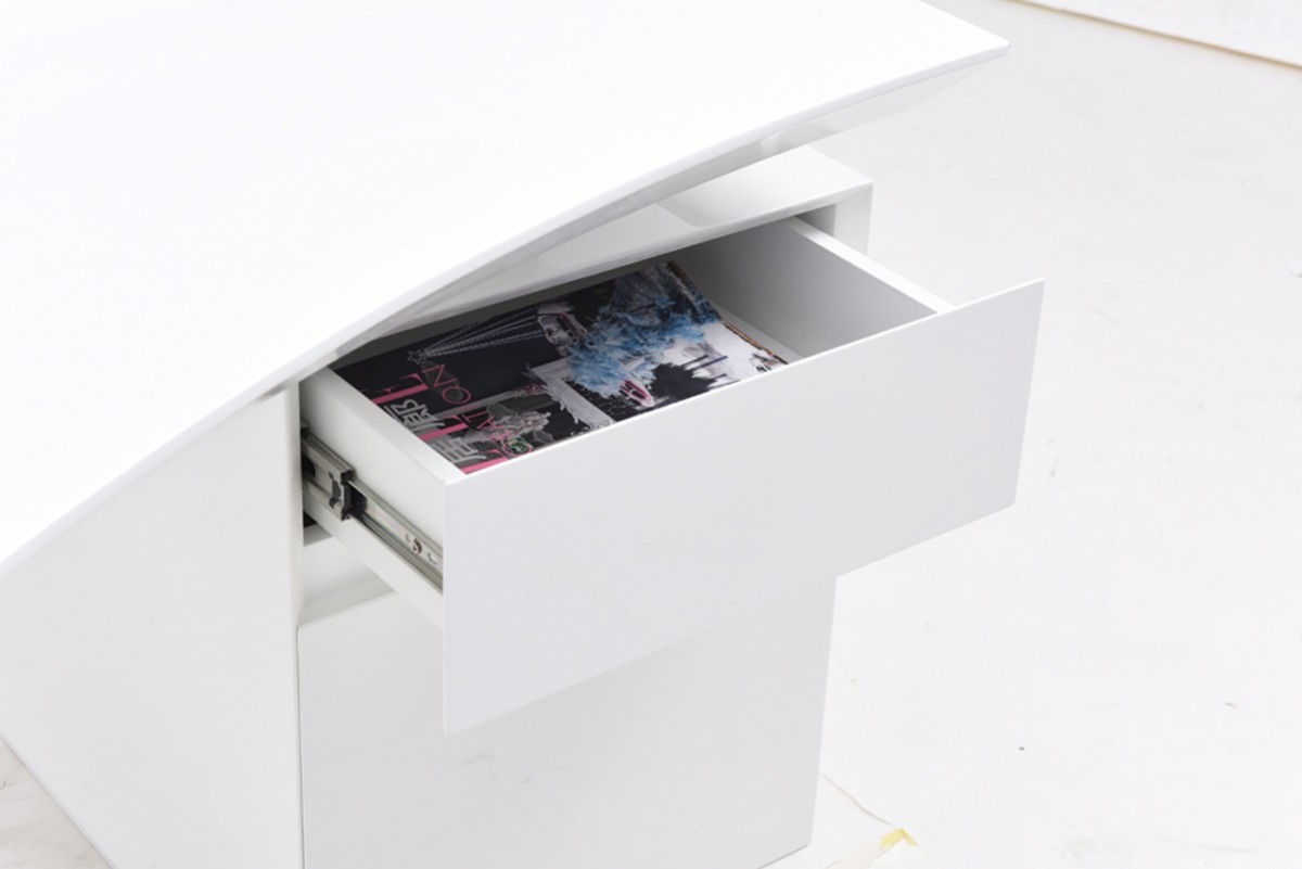 Elegant White Gloss Finish Desk with Stainless Steel Accents - Click Image to Close