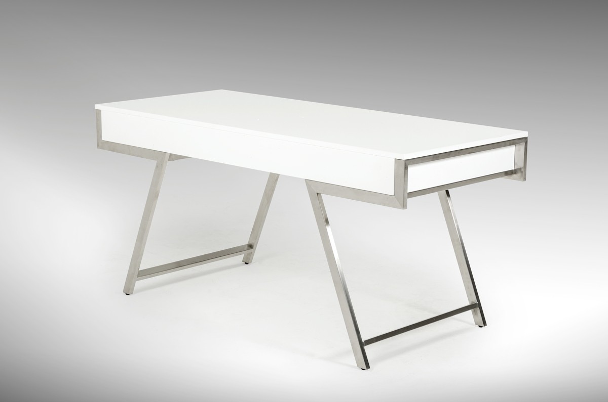 Elegant White Gloss Finish Desk with Stainless Steel Legs