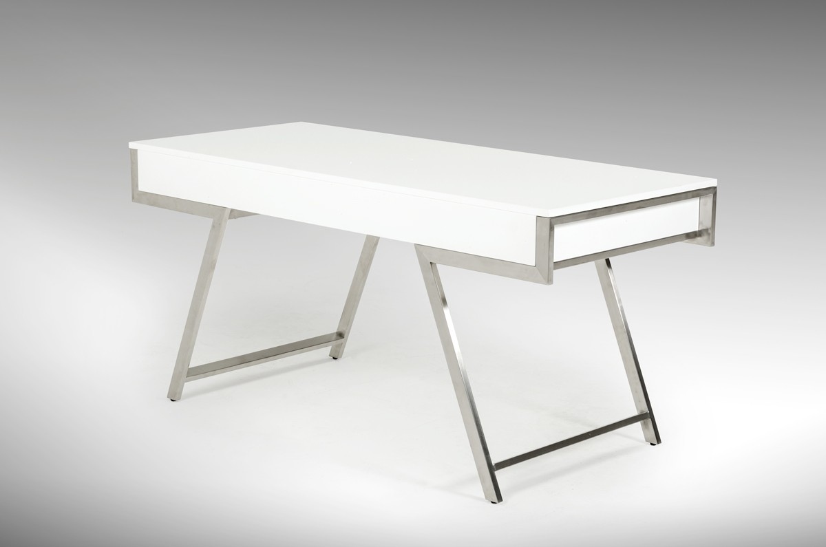 Elegant White Gloss Finish Desk with Stainless Steel Legs - Click Image to Close