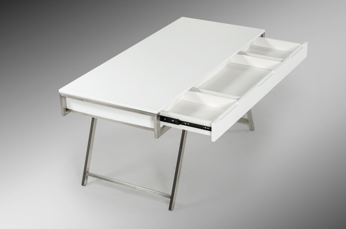 Elegant White Gloss Finish Desk with Stainless Steel Legs - Click Image to Close