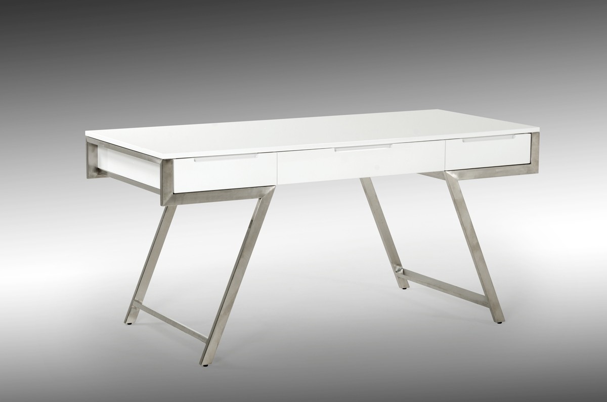 Elegant White Gloss Finish Desk with Stainless Steel Legs
