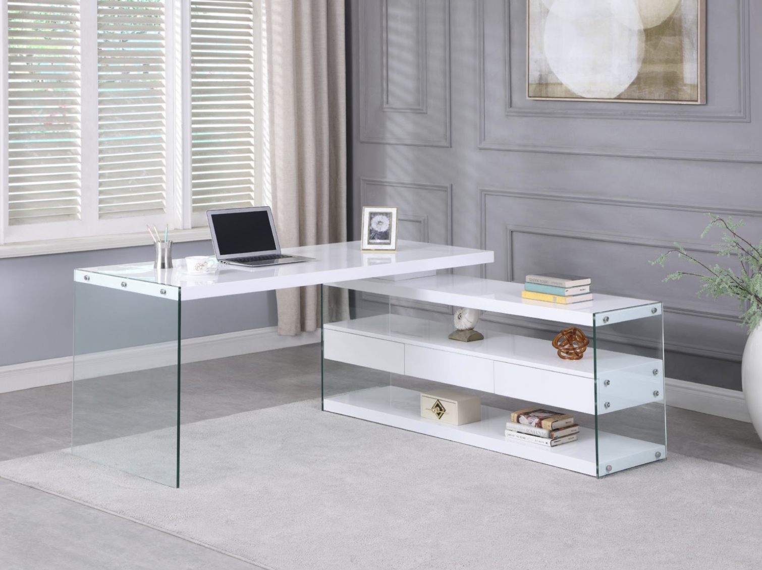 Exquisite High Gloss White Office Desk with Glass Shelves
