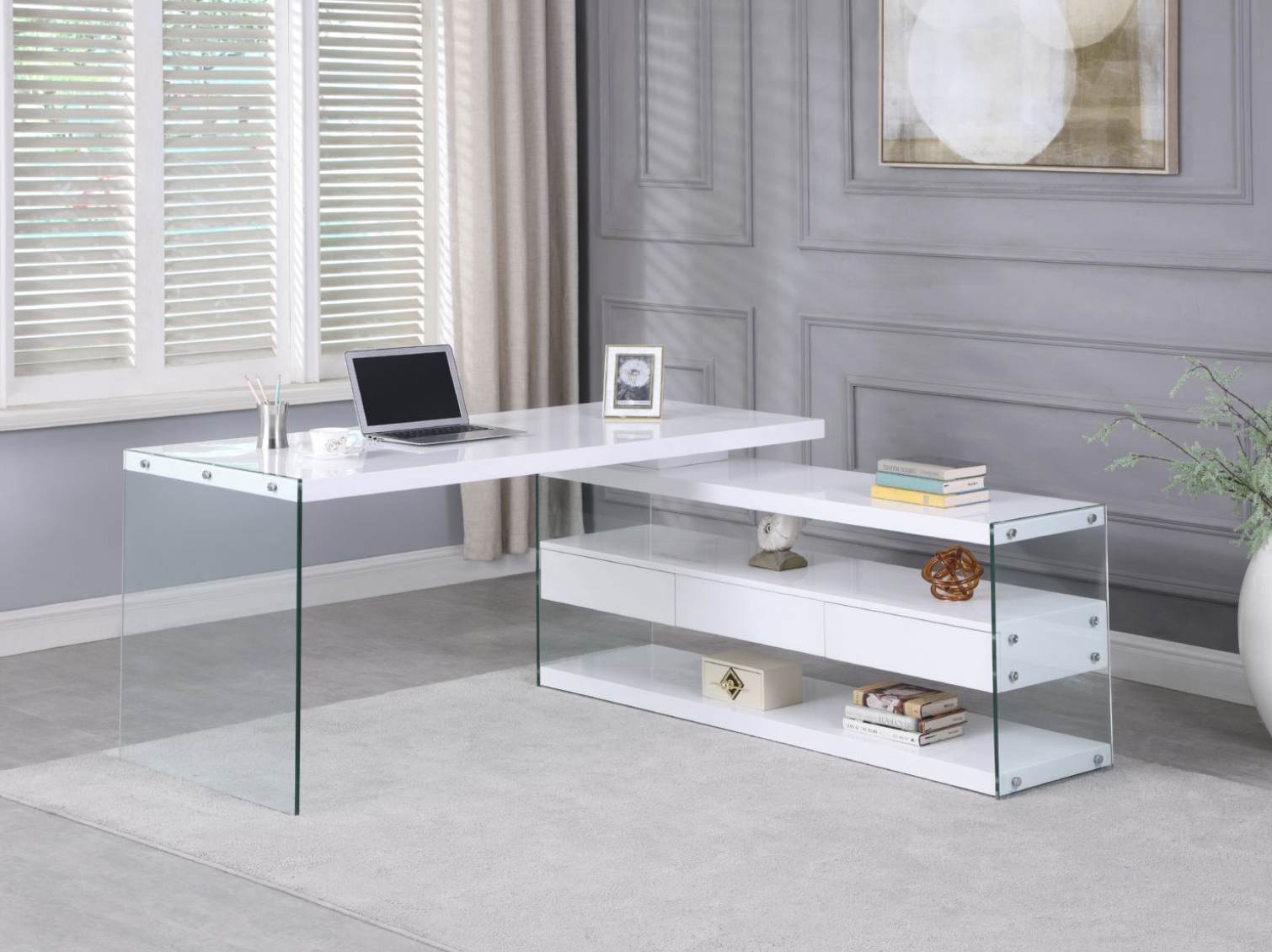 Exquisite High Gloss White Office Desk with Glass Shelves - Click Image to Close