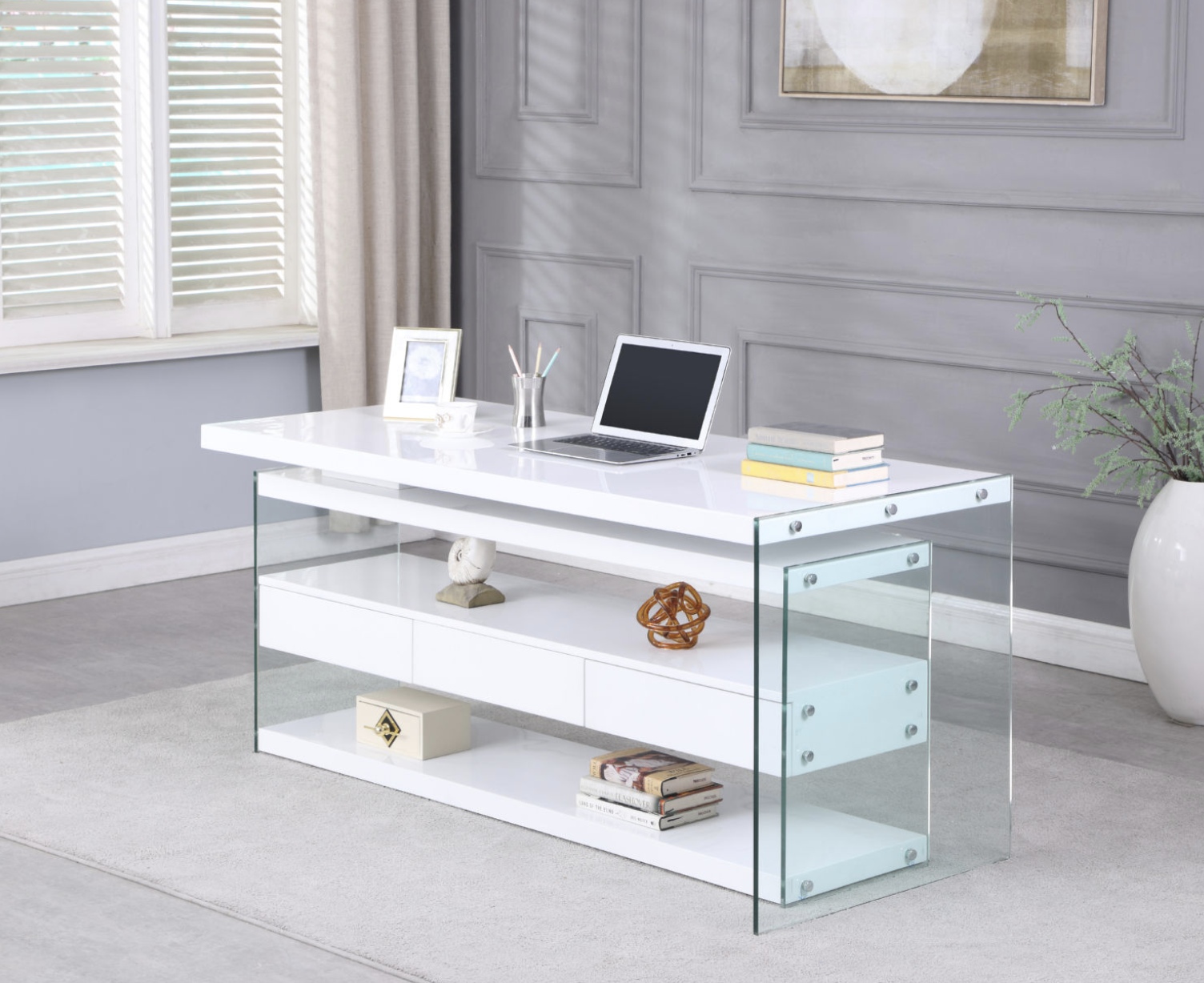 Exquisite High Gloss White Office Desk with Glass Shelves - Click Image to Close