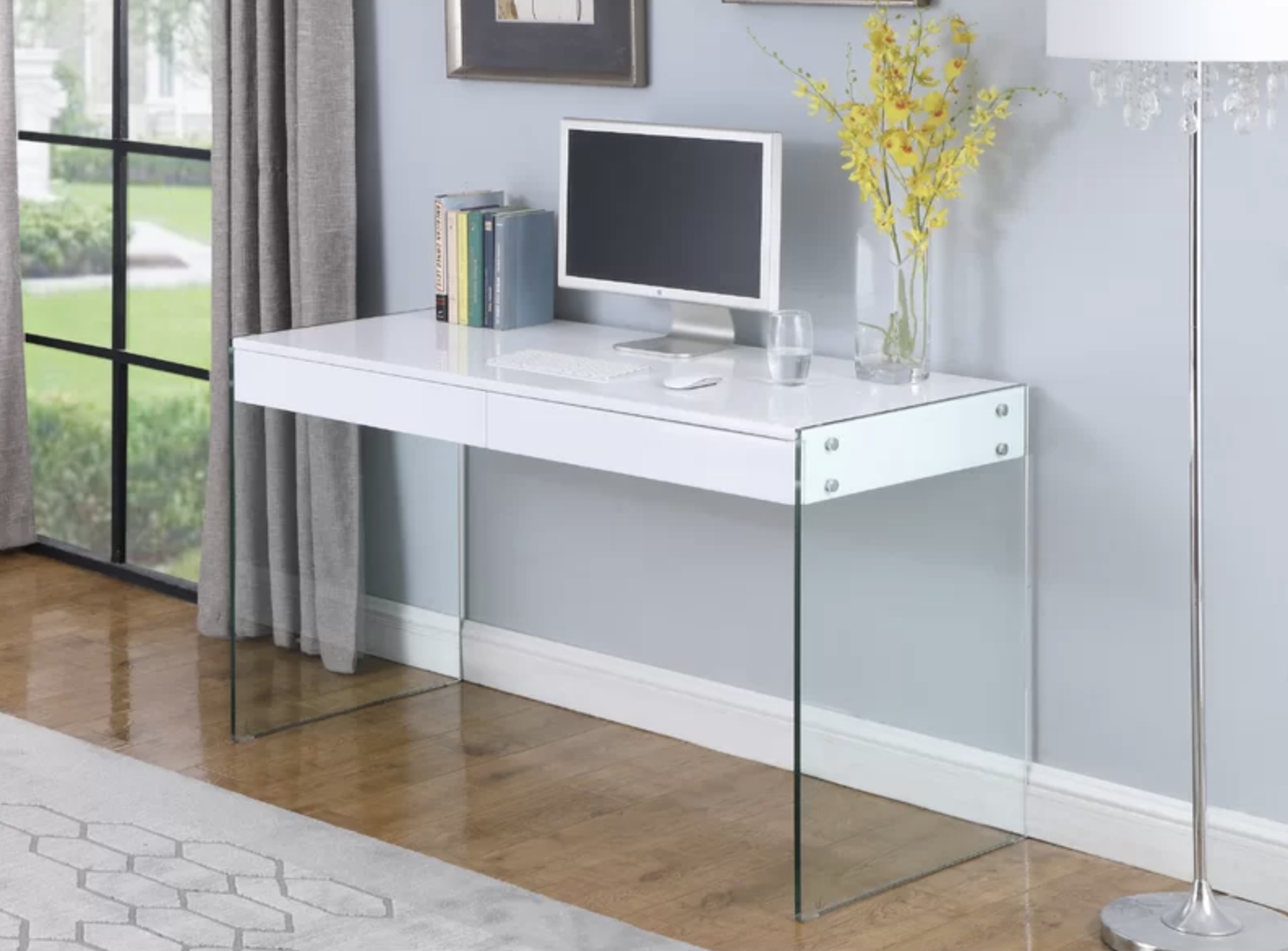 Modern High Gloss White Desk with Glass Legs Portland Oregon