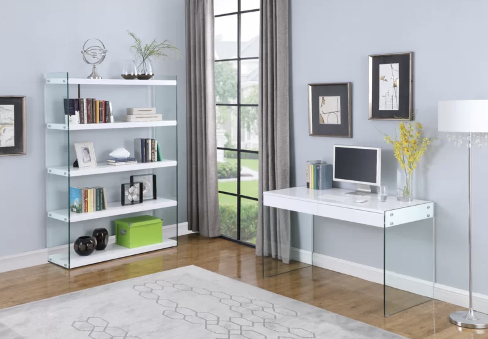 Modern High Gloss White Desk with Glass Legs - Click Image to Close