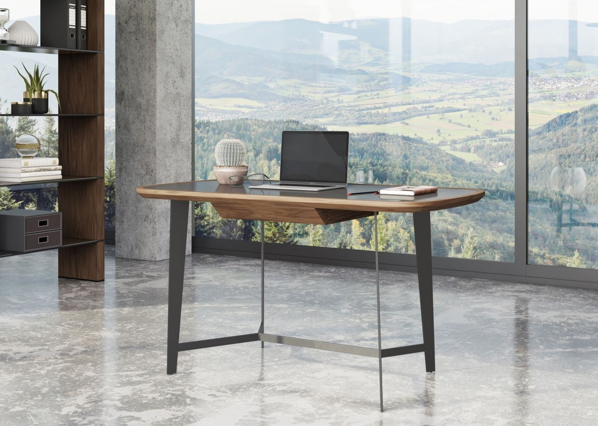 Modern Walnut Desk with Black Glass Top and Metal Base - Click Image to Close